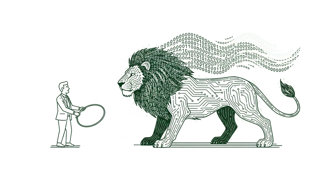 Homme face à un lion digital — IA agentique
